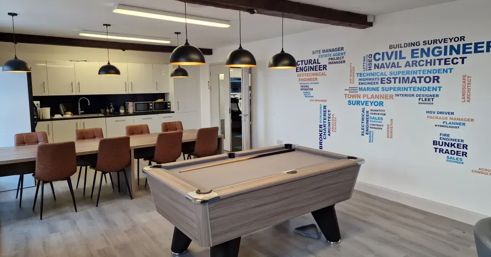 Consortio - Office break room with pool table and bar.