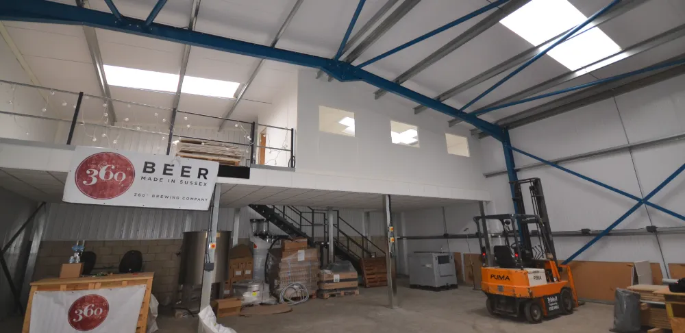 360 Degree Brewing | Mezzanine floor in warehouse space.