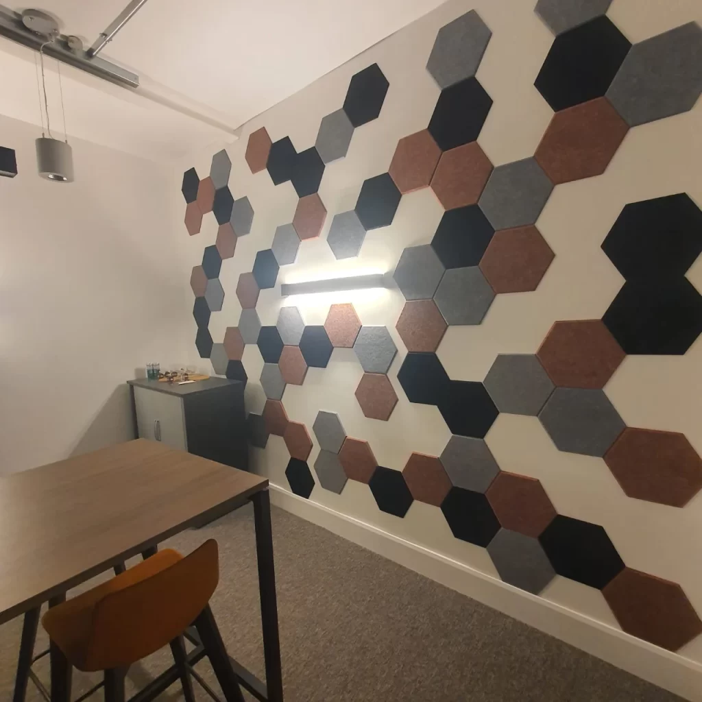 Acoustic panels in a hexagonal layout in a meeting room.