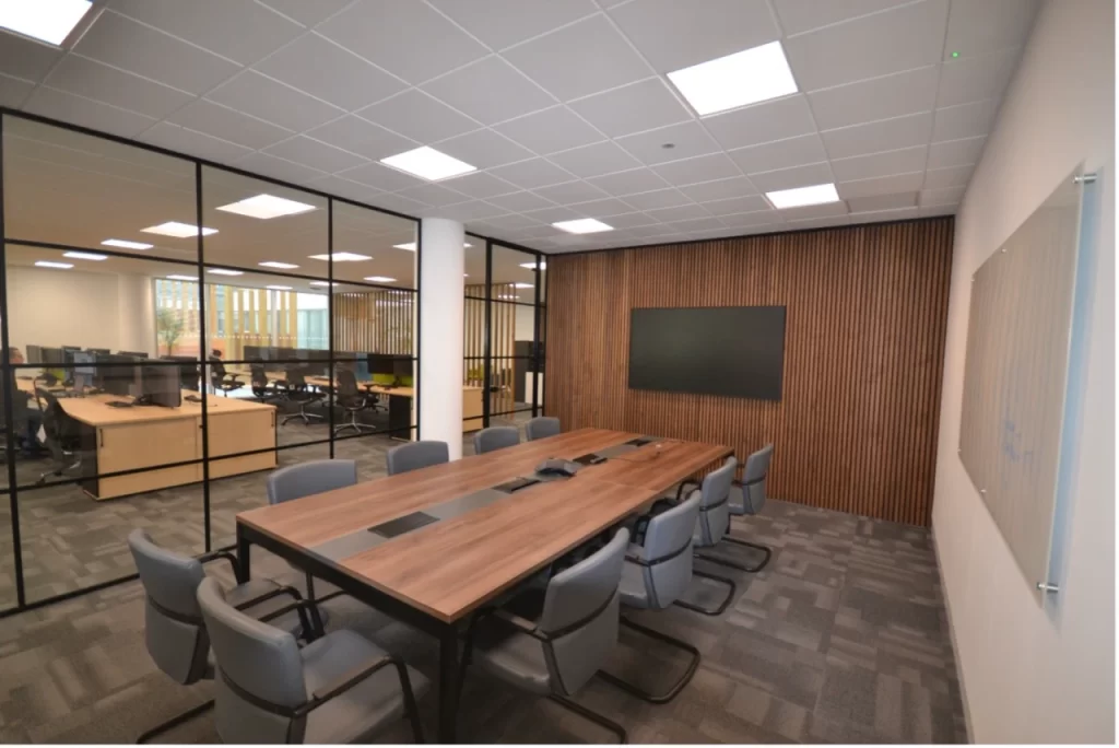 Wooden acoustic panels in a modern office space.